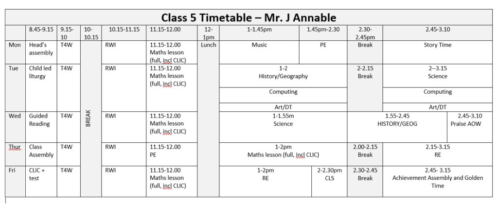 Class 5 Timetable 2023 2024